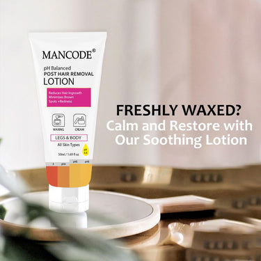 Mancode PH Balanced Post Hair Removal Lotion for Women & Men - 50ml | Reduces Ingrown Hairs, Minimises Brown Spots & Redness | Ideal After Waxing & Hair Removal Cream | Suitable for All Skin Types